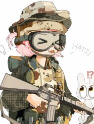  !? >_< 1girl ammunition_pouch animal assault_rifle boonie_hat bulletproof_vest camouflage cigarette closed_eyes combat_helmet commentary desert_camouflage english_commentary explosive goggles grenade gun gun_sling hat helmet holding holding_gun holding_weapon kok_kok_kio light_blush load-bearing_vest looking_at_another m16 m16a2 military multiple_hats open_mouth original pink_hair pouch rabbit rifle short_hair side_ponytail smoking soldier weapon 