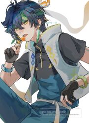  1boy aqua_headband arm_tattoo black_gloves black_hair black_shirt blonde_hair blue_pants blue_shirt candy commentary ear_piercing earrings fingerless_gloves food genshin_impact gloves green_eyes green_hair hair_between_eyes headband highres holding holding_candy holding_food holding_lollipop jacket jewelry kinich_(genshin_impact) lollipop male_focus multicolored_hair multicolored_shirt open_mouth pants piercing shirt short_hair skg_g solo spiked_ear_piercing streaked_hair tattoo untranslatable_commentary white_jacket 