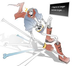  1boy 2026 2d absurdres armor blue_jacket blue_shorts bone boots bugsoupart cape commentary dialogue_box digital_media english_commentary english_text fighting_stance flaming_eye full_body gloves glowing glowing_eye grey_hood highres hip_bones hood hood_down hooded_jacket humanoid jacket long_sleeves male male_focus male_only monster monster_boy open_clothes open_jacket papyrus_(undertale) print_armor red_boots red_cape red_gloves shadow shorts simple_background skeleton solo spine teeth text undead undertale utdr_(toby_fox) video_game_dialogue_box white_armor white_background yellow_trim zipper 