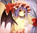  bat_wings bed blue_hair flat_chest hat hinase_haruka looking_back red_eyes remilia_scarlet short_hair topless touhou undressing wings 