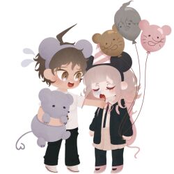  1boy 1girl ahoge animal_ear_hairband animal_ears bad_source balloon black_jacket black_pants black_pantyhose blush brown_eyes brown_hair brown_skirt character_balloon closed_eyes danganronpa_(series) danganronpa_2:_goodbye_despair deformed eyelashes fake_animal_ears floofimochii flying_sweatdrops hairband hat hinata_hajime holding holding_balloon holding_stuffed_toy jacket komaeda_nagito long_sleeves medium_hair mouse_ears nanami_chiaki neck_ribbon open_clothes open_jacket open_mouth pants pantyhose party_hat pink_hat pink_ribbon pink_shoes ribbon shirt shoes short_hair short_sleeves skirt sleeping standing striped_hat stuffed_animal stuffed_mouse stuffed_toy teeth transparent_background two-tone_hat upper_teeth_only white_hat white_shirt white_shoes 
