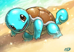  brown_eyes commentary_request day full_body kaosu_(kaosu0905) no_humans open_mouth outdoors pokemon pokemon_(creature) shore signature solo sparkle squirtle 
