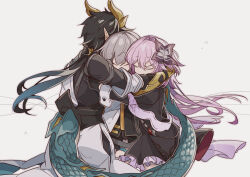  1boy 2girls absurdres black_dress black_hair black_shirt bn790ta closed_eyes commentary_request dan_heng_(honkai:_star_rail) dan_heng_(permansor_terrae)_(honkai:_star_rail) dragon_horns dragon_tail dress evernight_(honkai:_star_rail) flower gradient_hair green_scales grey_hair group_hug hair_flower hair_ornament highres honkai:_star_rail honkai_(series) horns hug long_hair march_7th_(honkai:_star_rail) multicolored_hair multiple_girls pink_hair scales shirt stelle_(honkai:_star_rail) tail trailblazer_(honkai:_star_rail) white_background 