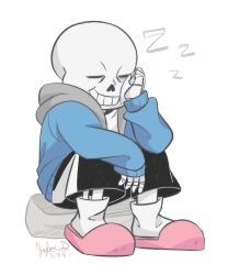  1boy 2018 2d arm_on_knee black_shorts blue_jacket closed_eyes dated deviantart_sample digital_media full_body grey_hood hand_on_own_cheek highres hollow_eyes hood hood_down hooded_jacket humanoid image_sample jacket jauntyeyes long_sleeves male male_focus male_only monster monster_boy open_clothes open_jacket photoshop_(medium) pink_slippers rock sans_(undertale) shirt shorts signature simple_background single_vertical_stripe sitting skeleton sleeping slippers socks solo striped_clothes striped_shorts teeth undead undertale utdr_(toby_fox) vertical-striped_clothes vertical-striped_shorts white_background white_shirt white_socks white_stripes zzz 