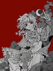  1girl absurdres ai_(keliandeaai) braid chinese_commentary coat commentary_request crescent feet_out_of_frame finger_gun greyscale_with_colored_background hand_up highres jacket looking_at_viewer medium_hair multiple_braids pants quad_braids red_background red_eyes reverse:1999 rubuska scarf sitting smile solo tree 