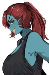  1girl 2026 2d alternate_breast_size_(larger) anthro black_eyepatch black_tank_top blue_skin breasts colored_sclera colored_skin colored_teeth digital_media ear_fins eyepatch female female_only fins fish fish_girl gills head_fins high_ponytail highres large_breasts long_hair monster monster_girl ponytail red_hair sa66513 sharp_teeth sideboob simple_background solo tank_top teeth undertale undyne upper_body utdr_(toby_fox) white_background yellow_sclera yellow_teeth 