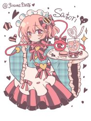  1girl apron blue_shirt blush bow bowtie buttons character_name collared_shirt commentary_request crazy_straw disembodied_linked_eye drink drinking_straw enmaided eyeball food frilled_shirt_collar frilled_skirt frilled_sleeves frills hair_ornament heart heart_button heart_hair_ornament heart_straw highres holding holding_tray komeiji_satori long_sleeves looking_at_viewer macaron maid maid_headdress medium_hair pink_bow pink_bowtie pink_eyes pink_hair pink_skirt plaid_clothes plaid_shirt shirt silverrain simple_background skirt solo striped_clothes striped_skirt touhou tray twitter_username vertical-striped_clothes vertical-striped_skirt waist_apron white_apron white_background wide_sleeves 