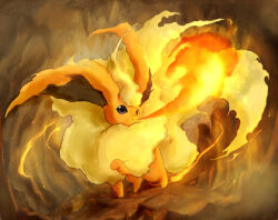  black_eyes breath_weapon breathing_fire cave_interior commentary_request fire fire_type_theme_(pokemon) flareon fluffy full_body neck_fur no_humans orange_fur pokemon pokemon_(creature) pokemon_focus red-50869 solo yellow_fur 