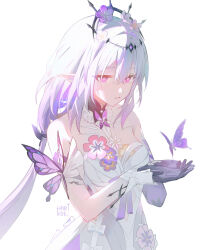  1girl artist_name bare_shoulders black_collar black_gloves black_tiara bow bright_pupils bug butterfly castorice_(honkai:_star_rail) collar commentary dress dress_bow dress_flower flower frilled_collar frills gloves hair_between_eyes hair_flower hair_ornament hands_up harikoe highres honkai:_star_rail honkai_(series) long_hair looking_at_animal low_twintails parted_lips pink_flower pointy_ears purple_butterfly purple_flower purple_hair simple_background sleeveless sleeveless_dress solo tiara twintails untranslatable_commentary upper_body violet_eyes white_background white_bow white_dress white_pupils 
