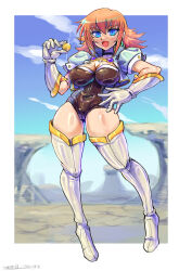  1girl bakugan bakugan_new_vestroia black_leotard blue_eyes blurry blurry_background boots border breasts commentary_request cropped_jacket full_body highres jacket large_breasts leotard medium_hair mira_fermen oomasa_teikoku open_clothes open_jacket orange_hair outdoors solo thigh_boots white_boots white_border 