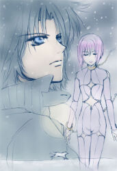  1boy 1girl blue_eyes blue_theme bob_cut bodysuit chain chain_bracelet chain_leash cheza_(wolf's_rain) cleavage_cutout clothing_cutout commentary_request expressionless full_moon gold_chain high_collar kiba_(wolf's_rain) leash looking_up moaiguma moon navel_cutout night outdoors pink_bodysuit pink_hair running short_hair shoulder_cutout snowing thigh_cutout upper_body white_fur wolf wolf's_rain 