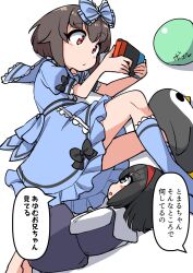  1boy 1girl :o ayumu_(fun_bo) back_ribbon ball black_bow black_dress black_eyes black_hair blue_bow blue_choker blue_dress blue_socks bow brown_hair child choker commentary_request crossdressing crossdressing_(mtf) dress dress_bow frilled_bow frilled_dress frilled_socks frills fun_bo hair_bow hair_flaps handheld_game_console highres holding holding_handheld_game_console kneehighs large_bow lolita_fashion looking_at_another lying male_focus nintendo_switch on_side original pinafore_dress playing_games puffy_short_sleeves puffy_sleeves red_eyes red_hair shirt short_hair short_sleeves simple_background sleeve_bow sleeveless sleeveless_dress socks speech_bubble stuffed_animal stuffed_penguin stuffed_toy translation_request trap white_background white_shirt 