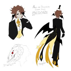  1boy alcor_the_dreambender black_gloves black_jacket black_sclera black_tailcoat brown_hair character_name collared_shirt colored_sclera fezharez floating full_body gloves hat head_wings highres jacket low_wings male_focus messy_hair mini_hat mini_top_hat multiple_views neck_ribbon pointy_ears ribbon shirt suit_jacket top_hat transcendence_au_(gravity_falls) vest white_shirt wings yellow_eyes yellow_vest 