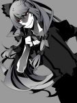  bad_id fujiwara_no_mokou grey grey_hair hair_ribbon holding keruberosu-a kiseru long_hair monochrome pipe red_eyes ribbon simple_background sleeves_rolled_up smirk spot_color suspenders touhou 