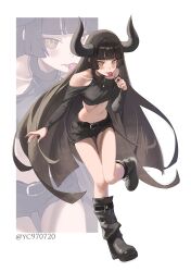  1girl absurdres ankle_boots bare_shoulders black_boots black_hair black_horns black_leg_warmers black_shorts blush boots candy clothing_cutout commentary_request cropped_shirt diein_(djmax) djmax djmax_respect food full_body highres holding holding_candy holding_food holding_lollipop horns jewelry korean_commentary leg_up leg_warmers legs lollipop long_hair long_sleeves looking_at_viewer navel necklace shirt short_shorts shorts shoulder_cutout simple_background solo symbol-shaped_pupils thigh_gap twitter_username white_background x-shaped_pupils yc97 yellow_eyes zoom_layer 