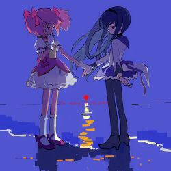 2girls absurdres akemi_homura akemi_homura_(magical_girl) black_hair black_hairband black_pantyhose bobby_socks boots bow bubble_skirt choker commentary dress english_commentary english_text full_body gloves hair_bow hairband high_heel_boots high_heels highres holding_hands kaname_madoka kaname_madoka_(magical_girl) kneehighs long_hair luoxuan_matai magical_girl mahou_shoujo_madoka_magica mahou_shoujo_madoka_magica_(anime) mary_janes multiple_girls pantyhose pink_bow pink_hair puffy_short_sleeves puffy_sleeves ribbon_choker shoes shore short_hair short_sleeves short_twintails skirt socks standing twintails white_gloves white_socks