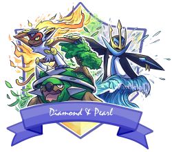  aqua_eyes blue_eyes claws closed_mouth colored_sclera commentary copyright_name cretacerus empoleon english_commentary fire glint highres infernape leaf nostrils open_mouth pokemon pokemon_(creature) pokemon_diamond/pearl/platinum pokemon_focus red_eyes smile spikes starter_pokemon_trio torterra tree water yellow_sclera 