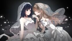  2girls black_background black_hair blue_eyes braid bridal_veil brown_hair closed_eyes commentary commission cowboy_shot dress earrings flower gloves gown hair_bun hair_flower hair_ornament half_up_braid highres holding_hands interlocked_fingers jewelry long_hair looking_at_another miyagi_shiori multiple_girls necklace pearl_necklace profile rose sendai_hazuki short_hair shuuniichido_classmate_wo_kau_hanashi straight_hair strapless strapless_dress thyme_(4749874974) veil vgen_commission watermark wedding wedding_dress white_flower white_gloves white_rose wife_and_wife yuri 