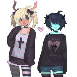  1girl 1other androgynous animal_ears antlers belt_collar black_choker black_eyeshadow black_sweater blonde_hair blue_hair blue_skin blush bow buck_teeth choker collar colored_skin cropped_sweater cross deer_antlers deer_ears deer_girl deltarune english_text expressionless eyeshadow furry furry_female goth_fashion hair_bow heart highres horns jewelry kris_(dark_world)_(deltarune) kris_(deltarune) long_hair long_sleeves looking_at_viewer makeup miniskirt necklace noelle_holiday pantyhose pastel_colors pwimimi red_eyes reindeer_girl shaded_face shirt short_hair short_shorts shorts signature simple_background skirt spiked_collar spikes striped_clothes striped_pantyhose striped_shirt sweater teeth thigh-highs utdr_(toby_fox) 