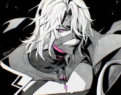  1boy artist_name bandage_over_one_eye bandaged_chest bandaged_head bandaged_neck bandages bandages_over_mouth black_background cape collared_cape commentary covered_mouth eyelashes gem genshin_impact hair_over_one_eye looking_at_viewer male_focus medium_hair monochrome mystical_high_collar one_eye_covered parted_bangs pectoral_cleavage pectorals purple_gem rerir_(genshin_impact) solo spot_color toriyoshi twitter_username untranslatable_commentary upper_body violet_eyes 