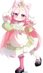  1girl :3 absurdres ahoge aino_(genshin_impact) animal_ears animal_hands apron asymmetrical_legwear bell black_shoes bow buttons cat_ears cat_girl cat_hair_ornament cat_paws center_frills child collar commentary_request dress footwear_bow forehead frilled_apron frilled_dress frilled_socks frills full_body fuyonohi45 genshin_impact green_bow green_dress hair_bow hair_ornament hands_up heart highres huge_ahoge jingle_bell leg_up light_smile long_hair long_sleeves mary_janes medium_sidelocks mismatched_legwear neck_bell o-ring o-ring_footwear pink_bow pink_hair shoes simple_background sleeve_cuffs socks solo standing very_long_hair violet_eyes waist_apron white_background x_hair_ornament 