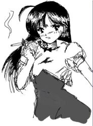  1980s_(style) 1girl ahoge anego black_hair blush bow cigarette commentary cropped_jacket dai_mahou_touge dress faux_retro_artstyle greyscale holding holding_cigarette long_hair looking_at_viewer lowres monochrome nose_blush open_mouth puffy_short_sleeves puffy_sleeves retro_artstyle sakuraccjp short_sleeves smoke smoke_trail smoking 
