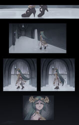  1girl absurdres aurum_blade_(kid_icarus) aurum_bow_(kid_icarus) aurum_club_(kid_icarus) aurum_orbitars_(kid_icarus) aurum_palm_(kid_icarus) beam_claws_(kid_icarus) chain circlet expressionless gold_chain green_eyes green_hair high_heels highres indoors jewelry kid_icarus kid_icarus_uprising long_hair lunarjaguar palutena pendant solo thigh-highs very_long_hair walking white_thighhighs 