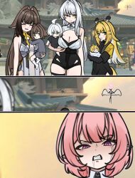  3girls ahoge angry animal_ear_fluff animal_ears arutemisu180 baby belle_(zenless_zone_zero) black_unitard brown_tail carrying carrying_baby carrying_person chinese_clothes colored_inner_hair commentary crying droopy_ears english_commentary fluffy_tail fox_girl green_eyes high-waist_shorts highres jacket ju_fufu mole mole_on_chest mother_and_child multicolored_hair multiple_girls parent_and_child pink_eyes pink_hair pointy_ears pregnant remielle_dan short_hair shorts striped_fur striped_hair tail thigh_strap tiger_ears tiger_girl tiger_stripes tiger_tail unitard ye_shunguang yellow_jacket yixuan_(zenless_zone_zero) zenless_zone_zero 