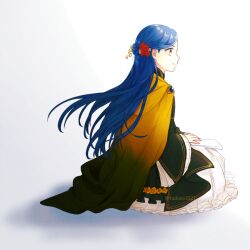  1girl black_dress blue_hair book braid cape closed_mouth commentary_request dress flower frilled_dress frilled_sleeves frills from_side hair_flower hair_ornament holding holding_book honzuki_no_gekokujou light_frown long_dress long_hair looking_to_the_side meehituzi myne_(honzuki_no_gekokujou) sitting solo twitter_username white_background wide_sleeves wind yellow_cape yellow_eyes 