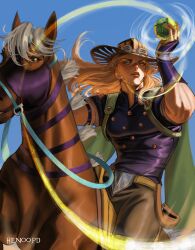  1boy absurdres animal artist_name ball belt belt_buckle blonde_hair blue_sky brown_hat brown_horse brown_pants buckle cape capelet commentary cowboy_hat fingerless_gloves gloves goggles goggles_on_headwear green_capelet gyro_zeppeli hat henoopd highres holding holding_ball horse horseback_riding jojo_no_kimyou_na_bouken long_hair looking_to_the_side male_focus pants parted_lips purple_gloves purple_shirt riding shirt short_sleeves sky solo steel_ball_(jojo) steel_ball_run valkyrie_(jojo) watermark 