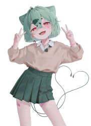  1girl :d bandaid bandaid_on_leg bandaid_on_thigh bob_cut brown_sweater collared_shirt colored_eyelashes commentary cone_hair_bun cowboy_shot crossed_bangs double_bun double_v earrings fangs green_hair green_skirt gyaru gyaru_bulbasaur gyaru_bulbasaur_(shin_no_tenpii) hair_between_eyes hair_bun hands_up heart heart-shaped_pupils heart_sticker heart_tail_duo highres jewelry looking_at_viewer medium_hair miniskirt multiple_tails nail_polish open_mouth personification pink_nails pleated_skirt poke_ball_earrings pokemon red_eyes shirt short_eyebrows simple_background single_earring skirt smile solo sticker sticker_on_face sweater symbol-shaped_pupils tail teeth thick_eyebrows toraifu two_tails upper_teeth_only v white_background white_shirt 