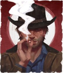  1boy arm_up arthur_morgan beard black_hat blue_shirt brown_hair brown_jacket cigarette collared_shirt commentary cowboy_hat facial_hair hat highres holding jacket lapels layered_sleeves long_sleeves male_focus notched_lapels one_eye_covered open_clothes open_collar open_jacket portrait red_background red_dead_redemption_(series) red_dead_redemption_2 sgkg108 shirt short_hair smoke smoke_trail smoking solo straight-on upper_body very_short_hair 