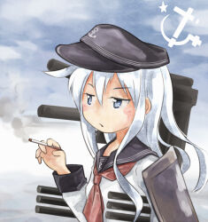  1girl anchor_symbol black_hat black_sailor_collar blush cigarette closed_mouth commentary_request expressionless flat_cap grey_eyes hammer_and_sickle hat hibiki_(kancolle) holding holding_cigarette kantai_collection long_hair looking_afar neckerchief red_neckerchief rigging sailor_collar shirt smoke smoking solo upper_body uriah-oyu white_hair white_shirt 