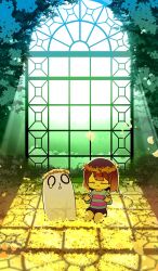  0_0 2026 2d 2others ambiguous_gender ankle_boots blue_sweater brown_hair brown_shorts child digital_media double_horizontal_stripe duo flower flower_wreath frisk_(undertale) ghost hand_up head_wreath highres horizontal-striped_clothes human kneeling long_sleeves mimitang6498 multiple_others napstablook other_focus petals pink_stripes sheet_ghost short_hair shorts smile socks striped_clothes striped_sweater sweater two-tone_sweater undertale utdr_(toby_fox) window wreath yellow_flower 