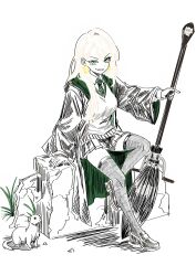  1girl absurdres averting_eyes black_robe black_shoes black_skirt black_thighhighs blonde_hair broom cardigan commentary curtained_hair earrings eyelashes full_body furret genderswap genderswap_(mtf) green_eyes green_hood green_necktie hair_over_shoulder harry_potter_(series) highres hogwarts_school_uniform hood hood_down hoop_earrings jewelry long_hair looking_at_viewer malfoid miniskirt necktie ostrichmask pleated_skirt raised_eyebrow ringed_eyes robe school_uniform shirt shoes simple_background sitting skirt slytherin smile smirk solo striped_clothes striped_necktie thigh-highs white_background white_shirt wide_sleeves wizarding_world zettai_ryouiki 