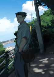  1boy ace_attorney bag black_bag black_hair closed_mouth clouds collared_shirt commentary_request grey_pants hair_slicked_back hairaito hand_in_pocket highres looking_at_viewer male_focus ocean outdoors pants phoenix_wright plant power_lines railing shirt short_hair short_sideburns short_sleeves shoulder_bag sideburns sky solo standing utility_pole very_short_hair water white_shirt wing_collar 