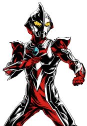 1boy alien armor black_skin chest_guard clenched_hand color_timer colored_skin commentary compound_eyes cowboy_shot dorsal_fin fighting_stance giant giant_male glowing glowing_eyes hands_up highres katana_(life_is_beautiful) looking_ahead male_focus multicolored_skin no_pupils pectorals red_skin shoulder_armor silver_skin simple_background tokusatsu toned toned_male ultra_series ultraman_nexus ultraman_nexus_(series) ultraman_nexus_junis white_background wrist_blades yellow_eyes 