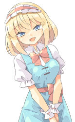  1girl :d alice_margatroid arnest blonde_hair blue_dress blue_eyes blush bow bowtie breasts capelet commentary_request dress frilled_hairband frilled_wrist_cuffs frills hairband highres looking_at_viewer medium_hair pinafore_dress puffy_short_sleeves puffy_sleeves red_bow red_bowtie red_hairband red_sash red_wrist_cuffs sash short_sleeves simple_background sleeveless sleeveless_dress small_breasts smile solo touhou waist_sash white_background white_capelet wrist_cuffs 