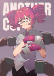  1girl 4others another_cup_(synthesizer_v) black_pants closed_mouth coffee coffee_mug collared_shirt cowboy_shot cup double-parted_bangs drill_hair egh_(ssquan) english_text gloves grey_background grey_shirt hair_between_eyes highres holding holding_cup kasane_teto looking_to_the_side mug multiple_others necktie pants pink_gloves pink_necktie rectangular_eyewear red_eyes red_hair semi-rimless_eyewear shirt short_hair short_sleeves sidelocks solo_focus song_name sweatdrop synthesizer_v twin_drills under-rim_eyewear utau wavy_mouth white_shirt 