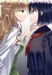  2girls absurdres apron black_serafuku black_shirt black_skirt blonde_hair blue_hair blue_sailor_collar chinese_commentary closed_mouth commentary_request eye_contact finger_to_mouth from_side green_apron green_eyes half_updo highres kawashimo long_hair long_sleeves looking_at_another multiple_girls neckerchief orange_eyes original pleated_skirt profile red_neckerchief sailor_collar school_uniform serafuku shirt short_hair skirt straight_hair white_shirt yuri 