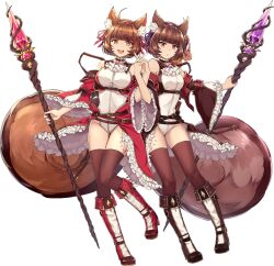  2girls :d ada_(tate_no_yuusha_no_nariagari_rise) animal_ear_fluff animal_ears artist_request bare_shoulders belt blunt_bangs boots breasts brown_belt brown_boots brown_hair brown_jacket brown_sleeves brown_thighhighs check_clothing clothing_request detached_sleeves frilled_jacket frilled_sleeves frills full_body game_asset groin hairband hands_up holding holding_hands holding_staff irene_(tate_no_yuusha_no_nariagari_rise) jacket knee_boots leg_up leotard long_sleeves looking_at_viewer mage_staff medium_breasts medium_hair multicolored_boots multiple_girls official_art open_clothes open_jacket orange_eyes parted_lips purple_hairband purple_ribbon red_boots red_eyes red_hairband red_jacket red_ribbon red_sleeves ribbon simple_background small_breasts smile squirrel_ears squirrel_girl squirrel_tail staff standing standing_on_one_leg straight-on tail tate_no_yuusha_no_nariagari tate_no_yuusha_no_nariagari_rise thigh-highs transparent_background two-tone_boots white_boots white_leotard wide_sleeves 