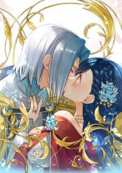  1boy 1girl absurdres blue_hair blue_tunic blush braid braided_bangs brooch cape closed_eyes commentary_request dress ferdinand_(honzuki_no_gekokujou) flower hair_flower hair_ornament hand_on_another's_chest hetero highres honzuki_no_gekokujou jewelry keiko_(x_h2o) kiss long_hair long_sleeves looking_at_another myne_(honzuki_no_gekokujou) neck_ring red_dress ring short_hair tunic yellow_cape yellow_eyes 