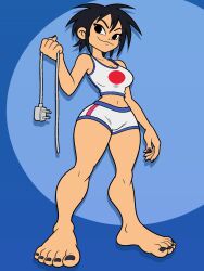 >:3 1girl aqua_background bare_arms bare_legs bare_shoulders barefoot black_eyes black_hair black_nails blue_background blue_shirt blue_trim breasts cable circle circle_print collarbone commentary commentary_request electric_plug eyelashes fingernails gorillaz hair_between_eyes highres holding holding_cable large_breasts looking_at_viewer midriff mlpfun2 nail_polish navel noodle_(gorillaz) nose print_shirt red_shirt red_shorts short_hair shorts simple_background sleeveless solo tank_top toenails v-shaped_eyebrows white_shirt white_shorts