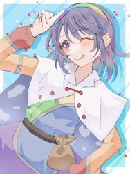  1girl :p ;p bag blue_background blue_hair border cape commentary_request hairband highres long_sleeves looking_at_viewer mkot_210 multicolored_hairband one_eye_closed pointing pointing_up short_hair simple_background sky_print solo tenkyuu_chimata tongue tongue_out touhou upper_body violet_eyes white_border white_cape 