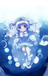  backpack bag bangs blue_eyes blue_hair blunt_bangs hair_bobbles hair_ornament hat highres kappa kawashiro_nitori key machily miko_machi outstretched_arms rubber_boots short_hair solo spread_arms stare touhou twintails underwater 