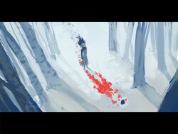  1girl 1other black_eyes black_hair black_skin bodysuit colored_skin death dress faceless floating_hair flower from_above full_body grey_dress hat highres hollow_eyes hollow_knight hollow_knight:_silksong lace_(hollow_knight) mask mikethepotato2 on_ground outdoors phantom_(hollow_knight) pin_(hollow_knight) puffy_sleeves red_flower standing tree white_bodysuit white_hat white_mask 