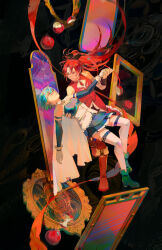 2girls above-cleavage_cutout apple armor astruma2 bare_shoulders belt black_background black_bow blue_belt blue_boots blue_hair blue_skirt blue_sleeves boots bow breastplate broken_mirror cape chest_jewel closed_eyes closed_mouth clothing_cutout coat detached_sleeves empty_picture_frame fang food frilled_shirt frills fruit gem gloves gold_trim hair_between_eyes hair_bow hand_on_another's_back high_ponytail highres holding_hands knee_boots long_hair looking_at_another magical_girl mahou_shoujo_madoka_magica mahou_shoujo_madoka_magica_(anime) miki_sayaka miki_sayaka_(magical_girl) mirror multiple_girls oktavia_von_seckendorff outstretched_arm parted_lips picture_frame pleated_skirt ponytail red_boots red_coat red_eyes red_gem red_hair red_thighhighs sakura_kyoko sakura_kyoko_(magical_girl) shirt short_hair skirt sleeveless sleeveless_coat soul_gem_(madoka_magica) standing standing_on_one_leg strapless strapless_shirt thigh_belt thigh_strap thighhighs unconscious white_cape white_gloves white_shirt white_sleeves white_thighhighs white_trim witch_(madoka_magica)