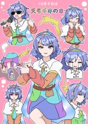  1girl :3 :d =_= absurdres ahoge aura bag belt blush boots brown_bag brown_belt cape closed_eyes closed_mouth cloud_print commentary_request cowboy_shot cropped_torso crying dot_nose double_finger_gun drooling finger_gun giving_up_the_ghost hairband hands_up highres holding holding_microphone kakineko knee_up long_sleeves looking_at_viewer microphone mouth_drool multicolored_hairband multiple_expressions multiple_views no_pupils open_mouth outline parted_lips patchwork_clothes pink_boots pointing pointing_up purple_hair rainbow_gradient rainbow_hairband shaded_face short_hair simple_background sky_print smile solo_focus squeans standing standing_on_one_leg streaming_tears sunglasses tears tenkyuu_chimata top-down_bottom-up touhou translated two-sided_cape two-sided_fabric violet_eyes white_cape white_outline 
