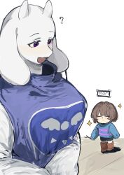  1girl 1other 2026 2d ? ambiguous_gender animal_ears animal_nose anthro blue_shorts blue_sweater body_fur boots breasts brown_boots brown_hair child delta_rune_(symbol) delta_rune_print digital_media double_horizontal_stripe droopy_ears english_text eyelashes fangs female female_focus floppy_ears frisk_(undertale) furry furry_female goat goat_ears goat_girl goat_horns highres holding holding_stick horizontal-striped_clothes horns human large_breasts long_sleeves mammal monster monster_girl own_hands_together pink_stripes print_robe purple_robe robe sa66513 short_hair shorts simple_background skin_fangs solo_focus sparkle stick striped_clothes striped_sweater sweater text toriel two-tone_sweater undertale utdr_(toby_fox) violet_eyes white_background white_fur white_horns white_sleeves 