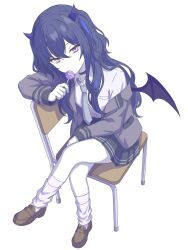  1girl arm_rest black_choker black_skirt blazer blue_hair blue_horns blue_streaks blue_wings brown_shoes candy chair choker closed_mouth commentary crossed_legs demon_girl demon_horns demon_wings dot_mouth food grey_jacket grey_necktie hair_between_eyes highres holding holding_candy holding_food holding_lollipop horns ichinose_uruha ichinose_uruha_(6th_costume) jacket jacket_partially_removed kishinoko222 loafers lollipop long_sleeves looking_at_viewer loose_socks multicolored_hair necktie off_shoulder on_chair open_clothes open_jacket pleated_skirt school_chair school_uniform shirt shoes simple_background sitting skirt socks solo streaked_hair two_side_up violet_eyes virtual_youtuber vspo! white_background white_shirt white_socks wings 